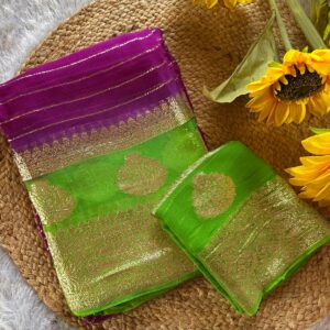 Green & Purple  Buttery Soft Georgette Saree with Zari Border & Pallu