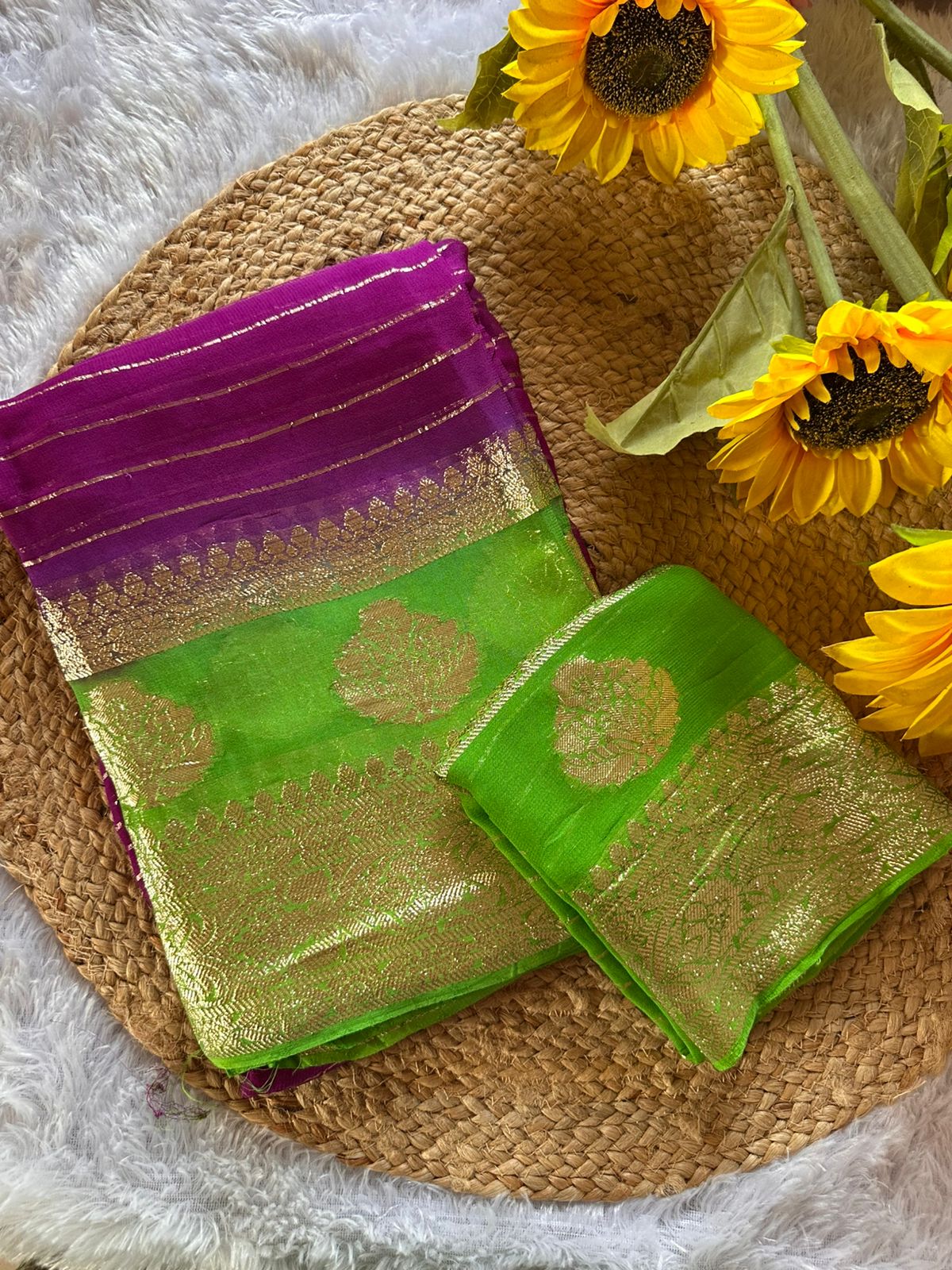 Green & Purple  Buttery Soft Georgette Saree with Zari Border & Pallu