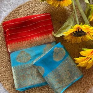 Red & Blue  Buttery Soft Georgette Saree with Zari Border & Pallu