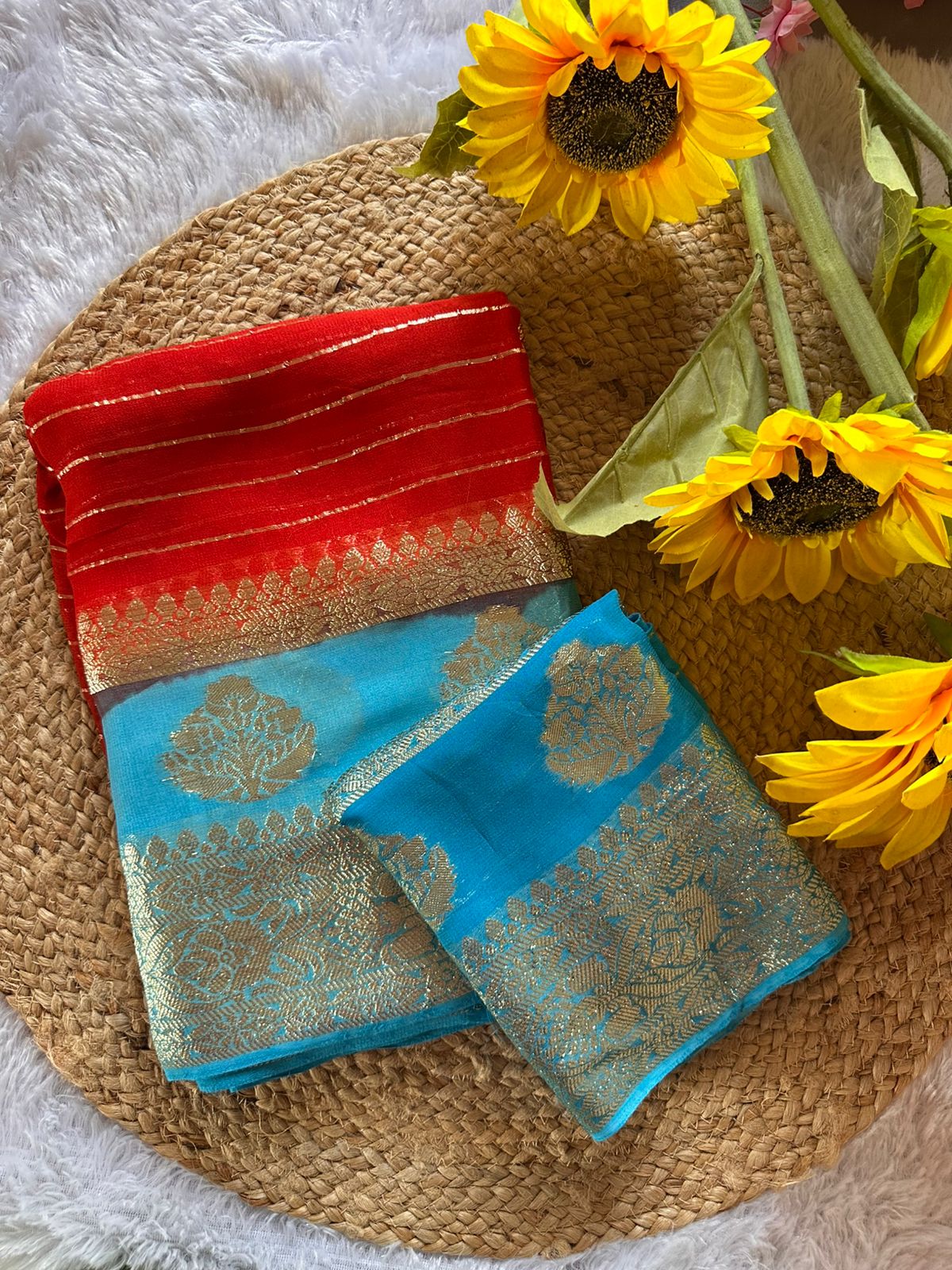 Red & Blue  Buttery Soft Georgette Saree with Zari Border & Pallu